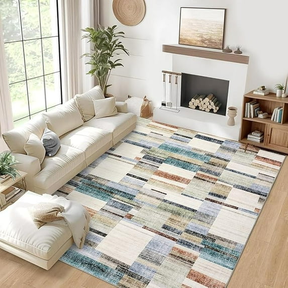Washable Rug 9x12 Area Rug for Bedroom Geometric Modern Living Room Rug Farmhouse Non Slip Large Area Rug Soft Throw Rugs Stain Resistant Carpet for Dining Room Nursery Colorful 9'x12'