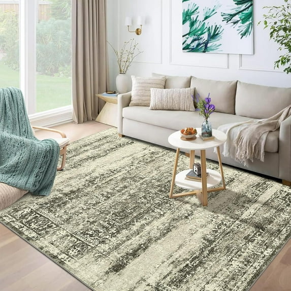 Washable Rug 9x12 Area Rug for Bedroom Vintage Floral Living Room Rug Non Slip Large Area Rug Soft Non Shedding Throw Rugs Stain Resistant Carpet for Office Dining Room Nursery Brown 9'x12'