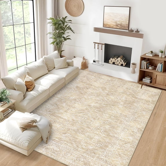 Washable Rug 9x12 Area Rug for Bedroom Vintage Living Room Rug Neutral Farmhouse Rug Non Slip Large Area Rug Soft Throw Rugs Stain Resistant Carpet for Dining Room Nursery Beige 9'x12'