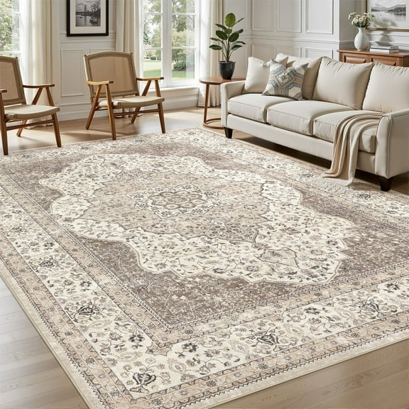 UERMEI 9'x12' Washable Area Rugs for Living Room, Vintage Floral Boho Printed Carpet, Non Slip Indoor Rug for Bedroom Home Decor Carpets - Brown