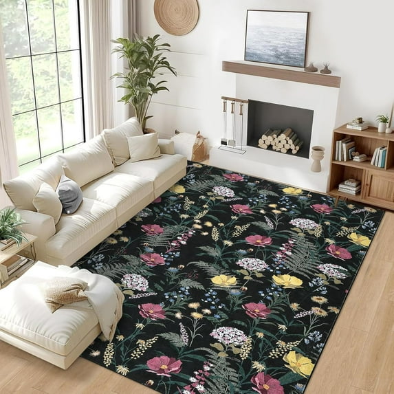 Washable Rug 9x12 Living Room Rug Floral Print Large Area Rugs Non Slip Low Pile Bedroom Rugs Soft Non-Shedding Throw Carpet Modern Accent Floor Cover for Dining Room Home Office Nursery Black