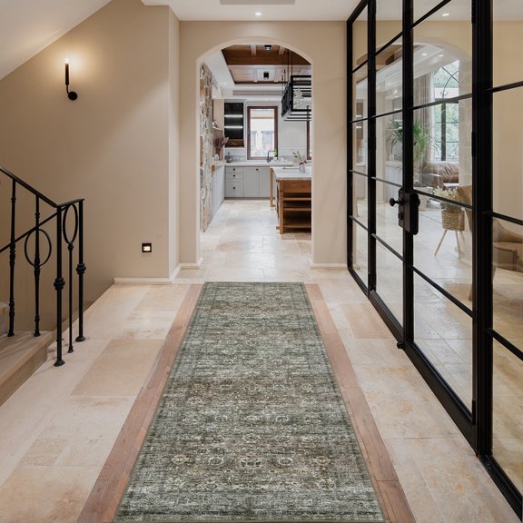 Washable Rug Anti-Slip Low Pile Ultra-Thin Vintage Distressed Stain-Resistant Carpet for Living Room Bedroom Dining Room and Home Office