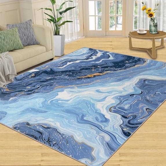 Washable Rug, Blue Gold Marble Rugs For Living Room, Vintage Fluid Art Large Area Rug, Soft Noise Reduction Rug Non-Slip Rug For Bedroom Office Study Floor Rug 2x3ft