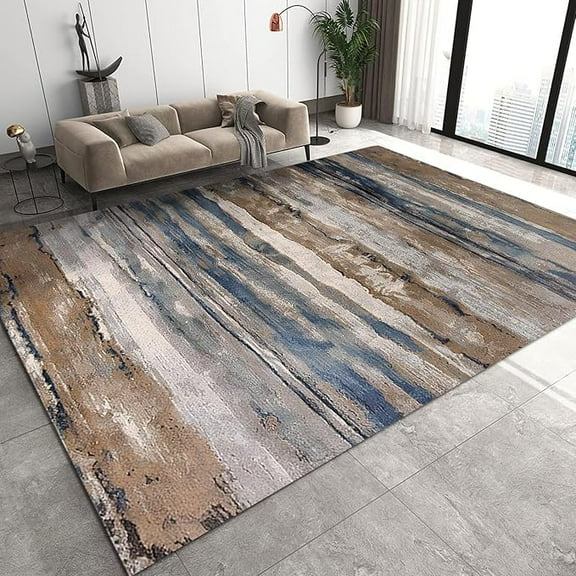 Washable Rug, Brown Blue Striped Abstract Machine Washable Area Rugs For Living Room, Distressed Vintage Wood Grain Modern Carpet For Bedroom Dining Room Kitchen Brown Rug 2' x 3'