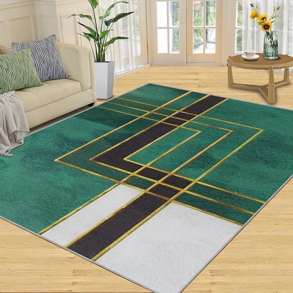 Washable Rug, Emerald Green Marble Rugs For Living Room, Gold Stripe Large Area Rug, Soft Low-Pile Rug High Traffic Rug Non-Slip Rug For Bedroom Rug Home Rug 5x7ft