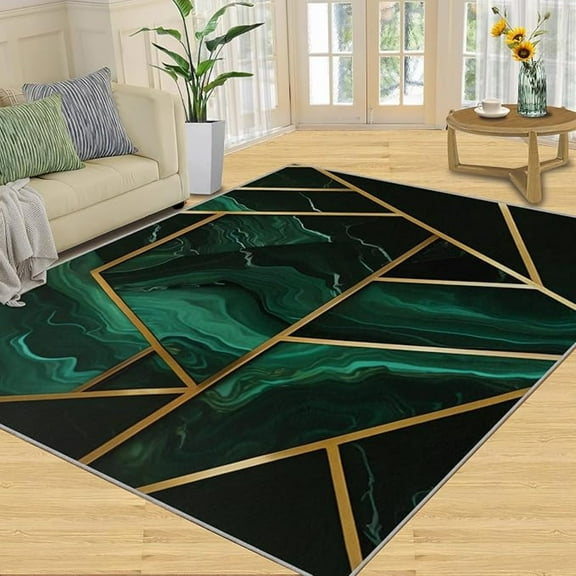 Washable Rug, Emerald Green Marble Rugs For Living Room, Gold Stripes Geometry Large Area Rug, Soft High Traffic Rug Non-Slip Rug For Bedroom Office Floor Rug 3x4ft