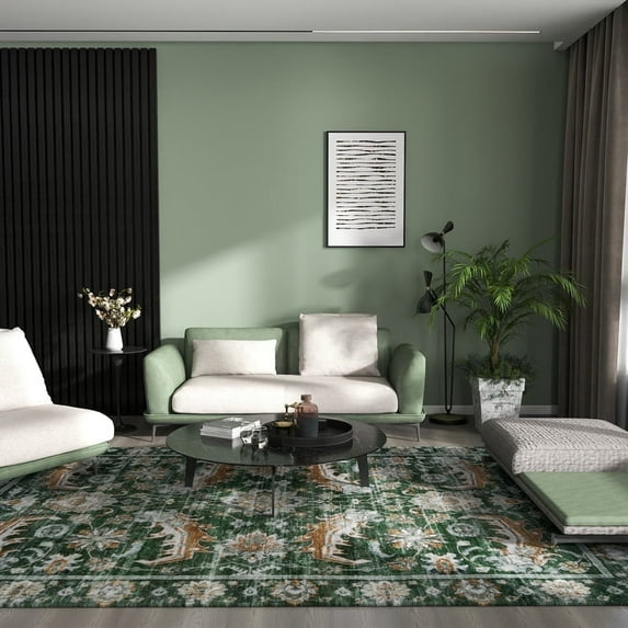 Washable Rug Green Area Rug Non-Slip Area Rugs 5x7ft Living Room, Boho Bedroom Mats Under Bed, Soft Stain Resistant Non-Shedding Thin Carpet For Dining Room Apartment