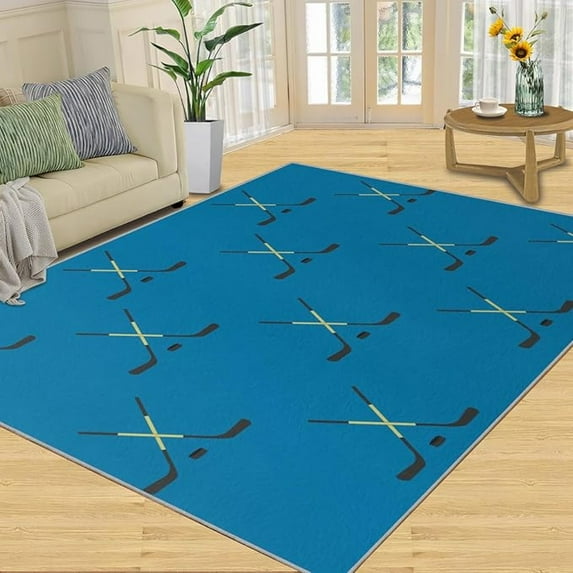 Washable Rug, Ice Hockey Print Rugs For Living Room, Blue Ice Hockey Large Area Rug, Soft Noise Reduction Rug Non-Slip Rug For Bedroom Rug Boys Teens Room Rug 1x2ft