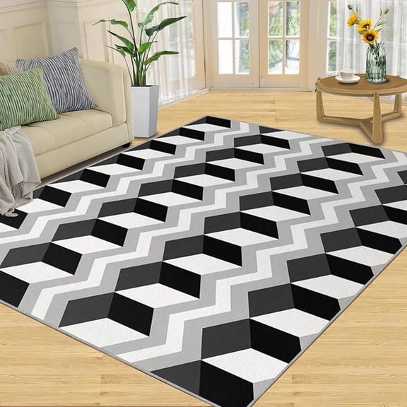 Washable Rug For Living Room, 3D Abstract Geometry Rug, Black Grey Rug For Bedroom Soft Low-Pile Rug Non-Slip Rug Indoor Rug For Apartment Dining Room Porch Rug 3x4ft