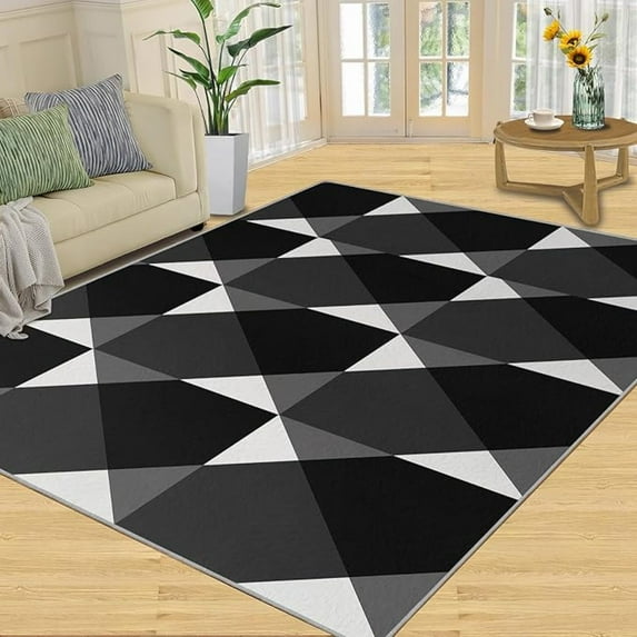 Washable Rug For Living Room, Black Grey Geometry Rug, Modern Minimalism Rug For Bedroom Soft Low-Pile Rug Non-Slip Rug High Traffic Rug For Study Office Floor Rug 1x2ft