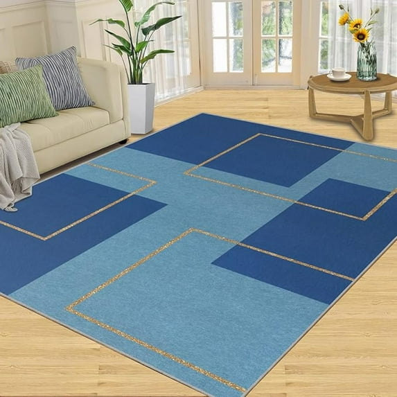 Washable Rug For Living Room, Blue Abstract Geometric Rug, Modern Minimalism Rug For Bedroom Soft Low-Pile Rug Non-Slip Rug High Traffic Rug For Study Office Rug 4x6ft