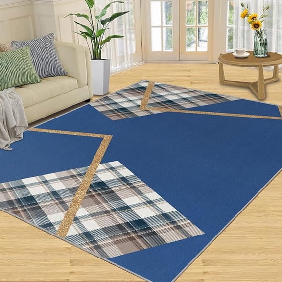 Washable Rug For Living Room, Blue Plaid Geometric Rug, Nordic Style Rug For Bedroom Soft Low-Pile Rug Non-Slip Rug Indoor Rug For Apartment Dining Room Rug 5x8ft