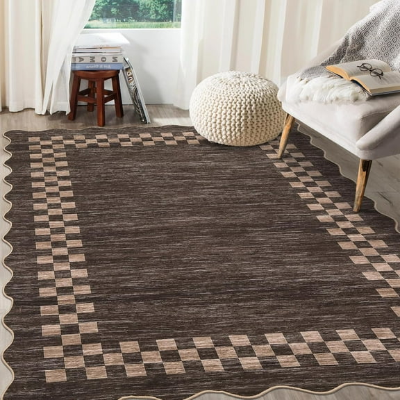 Washable Rug for Living Room Large Bedroom Scalloped Rug Non Slip Stain Resistant Modern Border Throw Carpet Soft Boho Rug for Dining Room Nursery Home Office