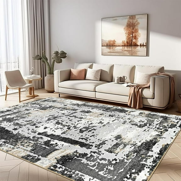 Washable Rug Modern Area Rug Low Pile Bedroom Rug, Thin Living Room Rug With Non Slip Backing No Shedding Area Rug Lightweight Abstract Machine Washble Rug For Home, Dark Gray