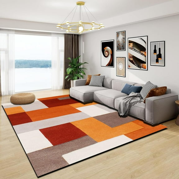 Washable Rug Modern Area Rug Low Pile Bedroom Rug, Thin Living Room Rug With Non Slip Backing No Shedding Area Rug Lightweight Machine Washble Rug For Home, Orange Ivory