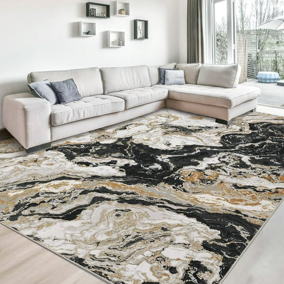 Washable Rug Modern Marble Rug, 8'x10' Ultra-Thin Abstract Area Rug for Living Room with Non Slip, Boho Marble Pattern Area Rug for Kitchen Home Office, Black