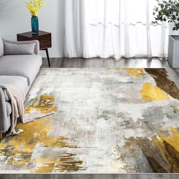Washable Rug, Non Slip Carpet - Small Neutral Area Rugs For Living Room Entryway Office Dining Room - Modern Abstract Rug, Grey/Mustard/Brown 1x2ft