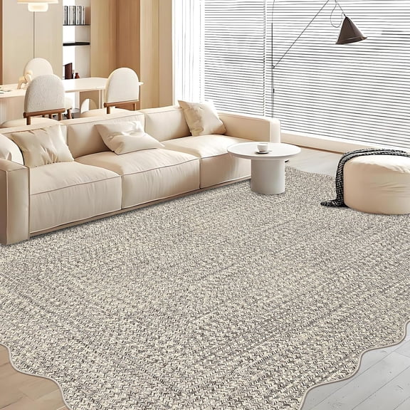 Washable Rug, Non Slip Rug 8x10 ft Printed Braided Pattern Scalloped - Soft Low Pile, Stain Resistant Carpet for Living Room Bedroom Nursery Dining Playroom Classroom
