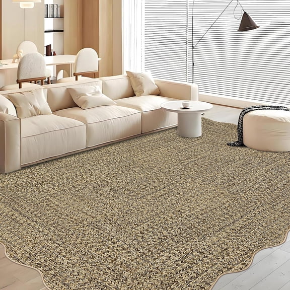 Washable Rug, Non Slip Rug 8x10 ft Printed Braided Pattern Scalloped - Soft Low Pile, Stain Resistant Carpet for Living Room Bedroom Nursery Dining Playroom