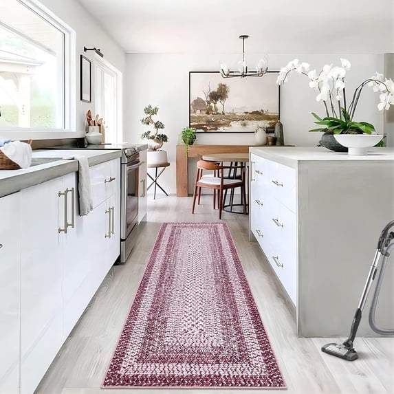 Washable Rug Runner 2x6 Laundry Room Rug Geometric Printed Pink Rug Ombre Braided Kitchen Runner Rugs Non Slip Modern Rug Runners for Hallways Non Slip Rug for Bedroom Kitchen Bathroom