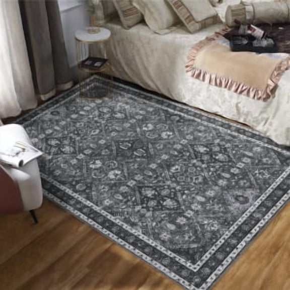 Washable Rug Runner Vintage Rug Traditional Rug Non-Slip Grey Runner Rugs with Rubber Backing Low-Pile Ultra-Soft Distressed Rug for Kitchen Bedroom 2x6/5x7/6x9/8x10/9x12