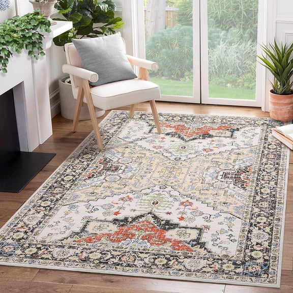 Washable Rug, Vintage Rug Indoor Living Room Rugs, Non Slip Soft Oriental Floral Rug Large Distressed Printed Floor Carpet, for Bedroom Under Dining Table Home Office Floor Decor
