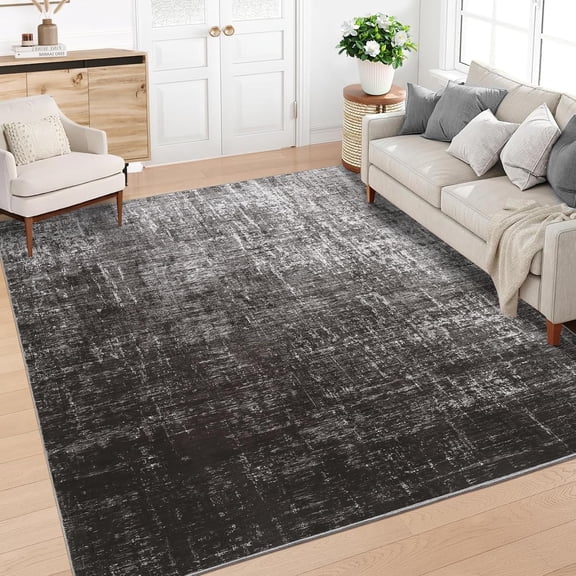 Washable Rug for Living Room 8x10 Modern Abstract Non-Slip Black Grey Neutral Area Rug, Soft Faux Wool Low Pile Kids Friendly & Pet Proof Stain