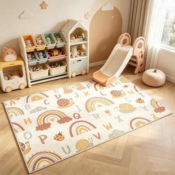 Washable  Rug for Playroom, 3x5 Boho Rainbow Alphabet Rug for  Room, Non Slip Nursey Carpet Decor Rugs (Orange,3x5)