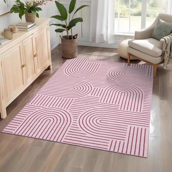 Washable Rugs 5x7 Abstract Lines Wave Print Area Rug Non Slip Office Rug Low Pile Boho RainBow Accent Carpet Ultra-Thin Soft Bedroom Rug Non Shedding Modern Carpet for Dorm Apart, Pink