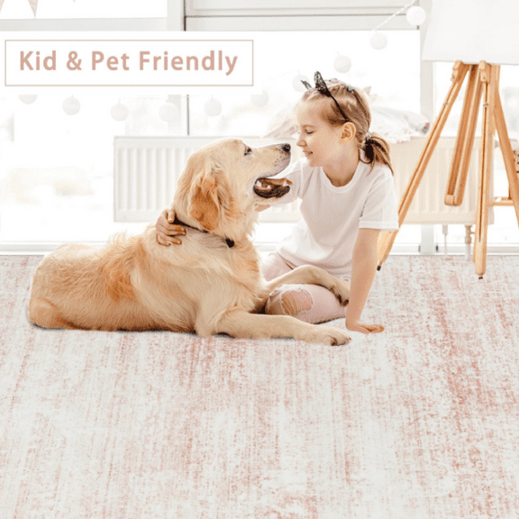 Washable Rugs 5x7 Area Rugs for Living Room,Bedroom,Dining Room- Ultra Soft Faux Wool Nursery Rug for Baby Girl,Neutral Light Pink Low Pile Vintage Carpets for Dorm Kids Playroom,Non Slip