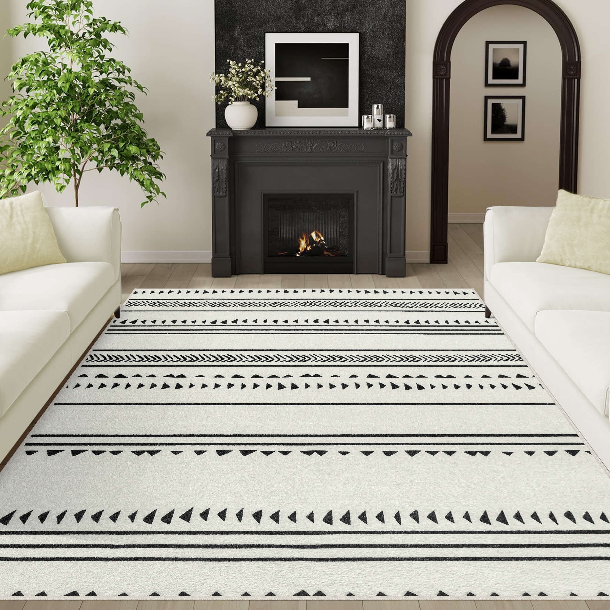 Washable Rugs 5x7,Geometric Boho Rug Soft Black and Beige Rug for