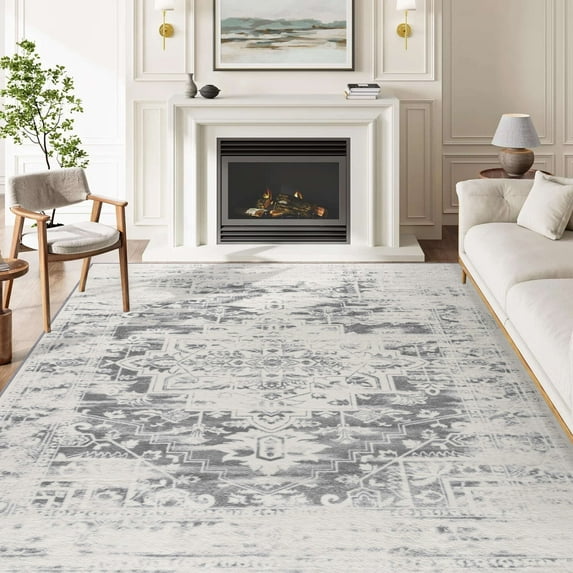 Washable Rugs 5x7, Soft Grey and White Distressed Vintage Rug, Stain-Resistant Floral Rug with Traditional Medallion Pattern, Oriental Rug for Bedroom, Living Room, Home Office, and Dining