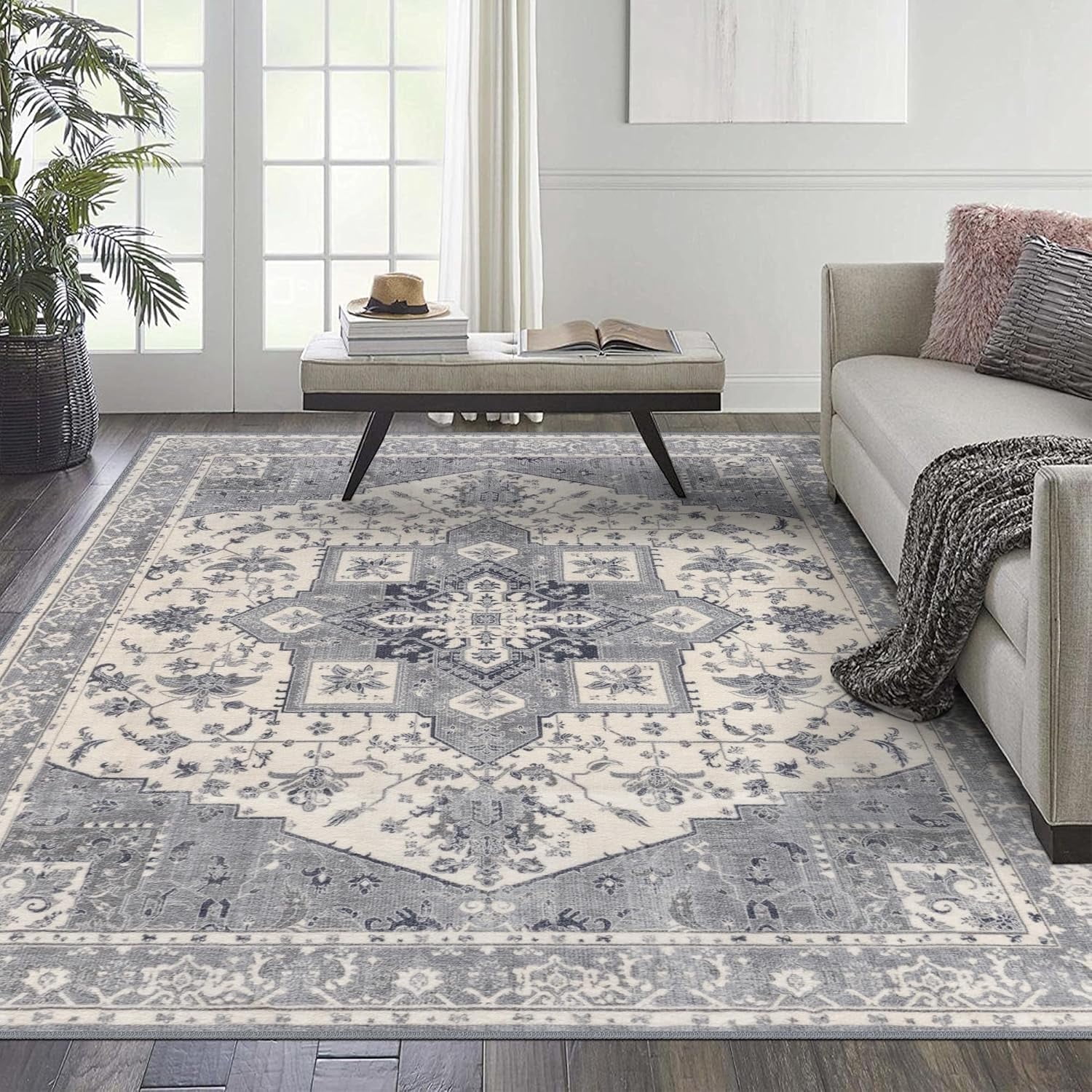 Washable Rugs 5x7, Vintage Grey Rug Soft Traditional Medallion Area Rug for Living Room, Low Pile Large Stain Resistant Oriental Floral Rug, Floor Carpet for Bedroom, Dining, Nursery, Office