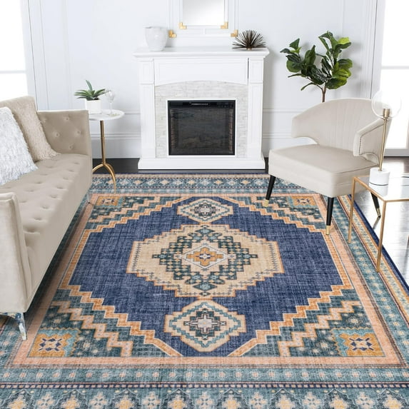 Washable Rugs 5x7, Vintage Navy Blue Rug with Medallion, Soft Oriental Rug for Living Room, Large Stain Resistant Rug, Western Floor Carpet for Bedroom, Office, Dining