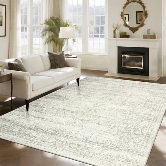 Washable Rugs 8x10 Area Rugs for Living Room,Bedroom,Dining Room- Large Ultra Soft Faux Wool Retro Carpets,Non Slip&Non-Shedding Low Pile Vintage Print Rug for Home Office Decor-Beige