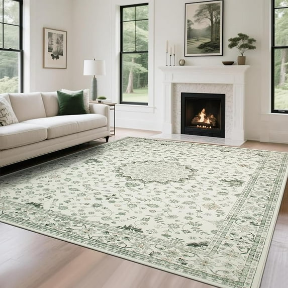 Washable Rugs 8x10 Area Rugs for Living Room,Modern Abstract Rugs for Bedroom,Large Carpets,Ultra Soft Faux Wool Retro Dining Room Rug,Non Slip&Non-Shedding Low Pile Print Rug- Green-white