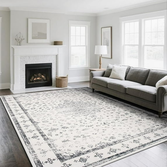 Washable Rugs 8x10 Area Rugs for Living Room,Modern Abstract Rugs for Bedroom,Large Carpets,Ultra Soft Faux Wool Retro Dining Room Rug,Non Slip&Non-Shedding Low Pile Print Rug- Gray-white