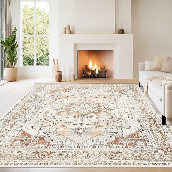 Washable Rugs 8x10 Area Rugs for Living Room,Modern Abstract Rugs for Bedroom,Large Carpets,Ultra Soft Faux Wool Retro Dining Room Rug,Non Slip&Non-Shedding Low Pile Print Rug-Orange-cream-brick Red-