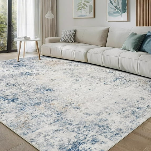 Washable Rugs 8x10 Area Rugs for Living Room,Modern Abstract Rugs for Bedroom,Large Carpets,Ultra Soft Faux Wool Retro Dining Room Rug,Non Slip&Non-Shedding Low Pile Print Rug- Royal Blue-brown-beige