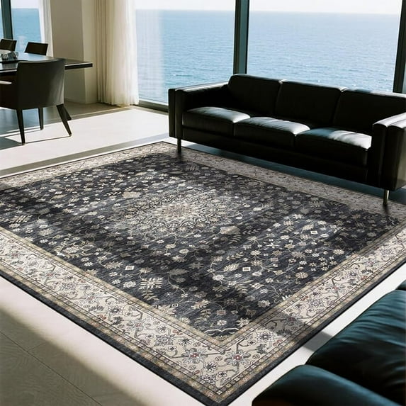 Washable Rugs 8x10 Area Rugs for Living Room,Modern Abstract Rugs for Bedroom,Large Carpets,Ultra Soft Faux Wool Retro Dining Room Rug,Non Slip&Non-Shedding Low Pile Print Rug- Black-navy-gold-beige