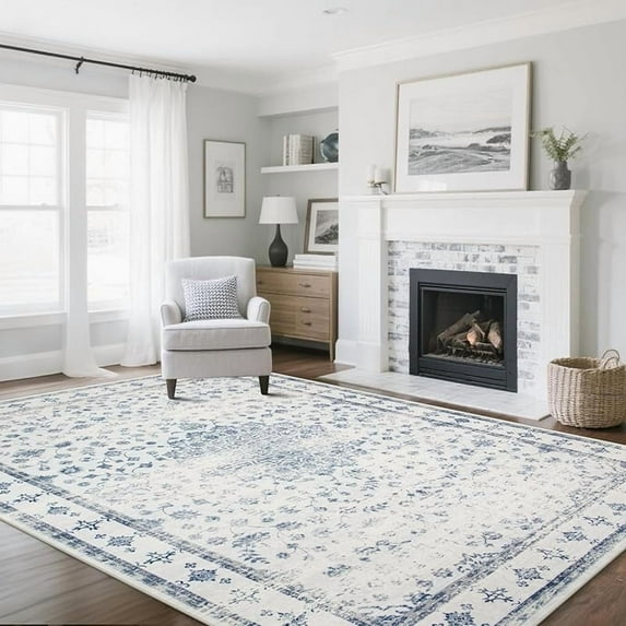 Washable Rugs 8x10 Area Rugs for Living Room,Modern Abstract Rugs for Bedroom,Large Carpets,Ultra Soft Faux Wool Retro Dining Room Rug,Non Slip&Non-Shedding Low Pile Print Rug- Blue-white-gray
