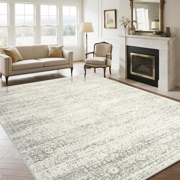 Washable Rugs 8x10 Area Rugs for Living Room,Modern Abstract Rugs for Bedroom,Large Carpets,Ultra Soft Faux Wool Retro Dining Room Rug,Non Slip&Non-Shedding Low Pile Print Rug- Beige Grey