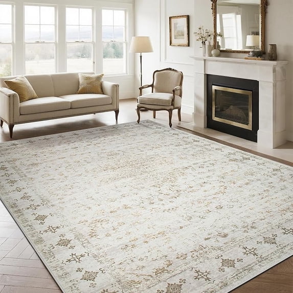 Washable Rugs 8x10 Area Rugs for Living Room,Rugs for Bedroom,Large Carpets,Ultra Soft Faux Wool Retro Dining Room Rug,Non Slip&Non-Shedding Low Pile Vintage Print Rug for Home Office-Green