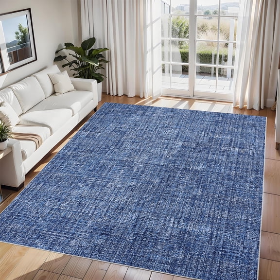 Washable Rugs 9x12 Area Rug for Living Room, Modern Solid Rug with Non Slip Backing, Plain Rug for Bedroom, Distressed Stain Resistant Accent Rug for Dining Room Farmhouse Dorm, Blue