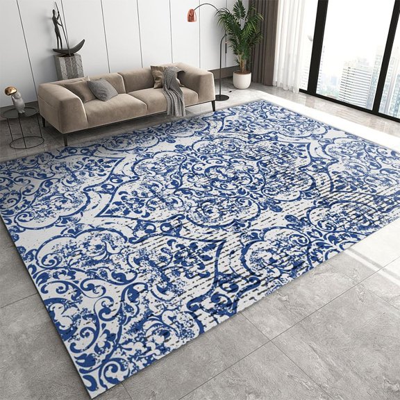 Washable Rugs Bohemia Style Flowers Distressed Rug ，Retro Abstract Indoor Blue Rugs For Living Room ，Anti-Slip Stain Resistant Rug ，Apply To Bedroom Dining Room Farmhouse Office 5x6ft