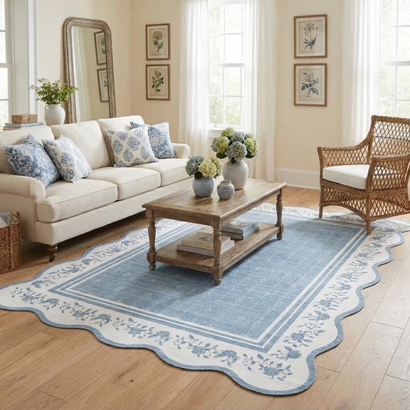 Washable Rugs for Living Room 8x10 Area Rugs for Bedroom Scalloped Rug Modern Bordered Non Slip Large Kids Bedroom Carpet Indoor Stain Resistant Floor Cover for Dining Room Office Nursery Blue