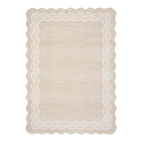 Washable Rugs for Living Room 8x10 Large Modern Bedroom Carpet with Non-Slip Backing, Non Shedding Low Pile Indoor Rug, Foldable Scalloped Floor Mats for Office, Kitchen, Beige