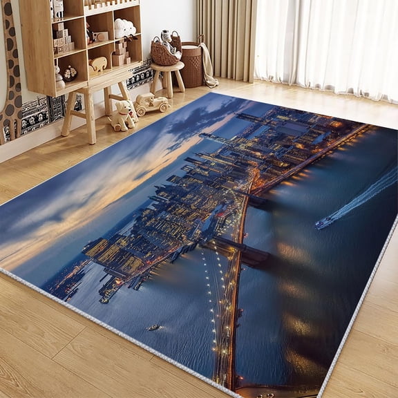 Washable Rugs Living Room Area Rugs, New York City Skyline Rugs Non Slip Carpet, Brooklyn Bridge Rectangle Rug For Bedroom Dining Room Kitchen Soft Short Pile Rugs