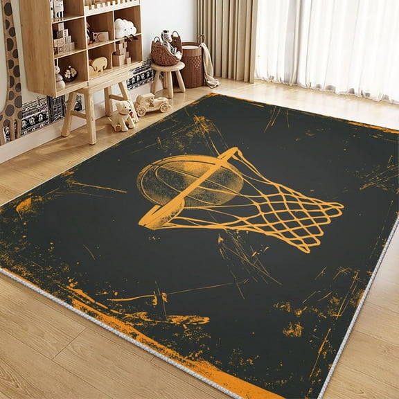 Washable Rugs Living Room Area Rugs, Retro Basketball Hoop Rugs Non Slip Carpet, Black Rectangle Rug For Bedroom Dining Room Kitchen Soft Short Pile Rugs