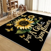 Washable Rugs Living Room Area Rugs, Watercolor Sunflower Butterfly Rugs Non Slip Carpet, Black Rectangle Rug For Bedroom Dining Room Kitchen Soft Short Pile Rugs